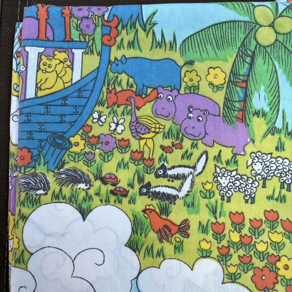Vtg Sears Childrens Noah Ark 60s 70s Twin Bed Fitted & Flat Sheet Set Color READ - Picture 8 of 12